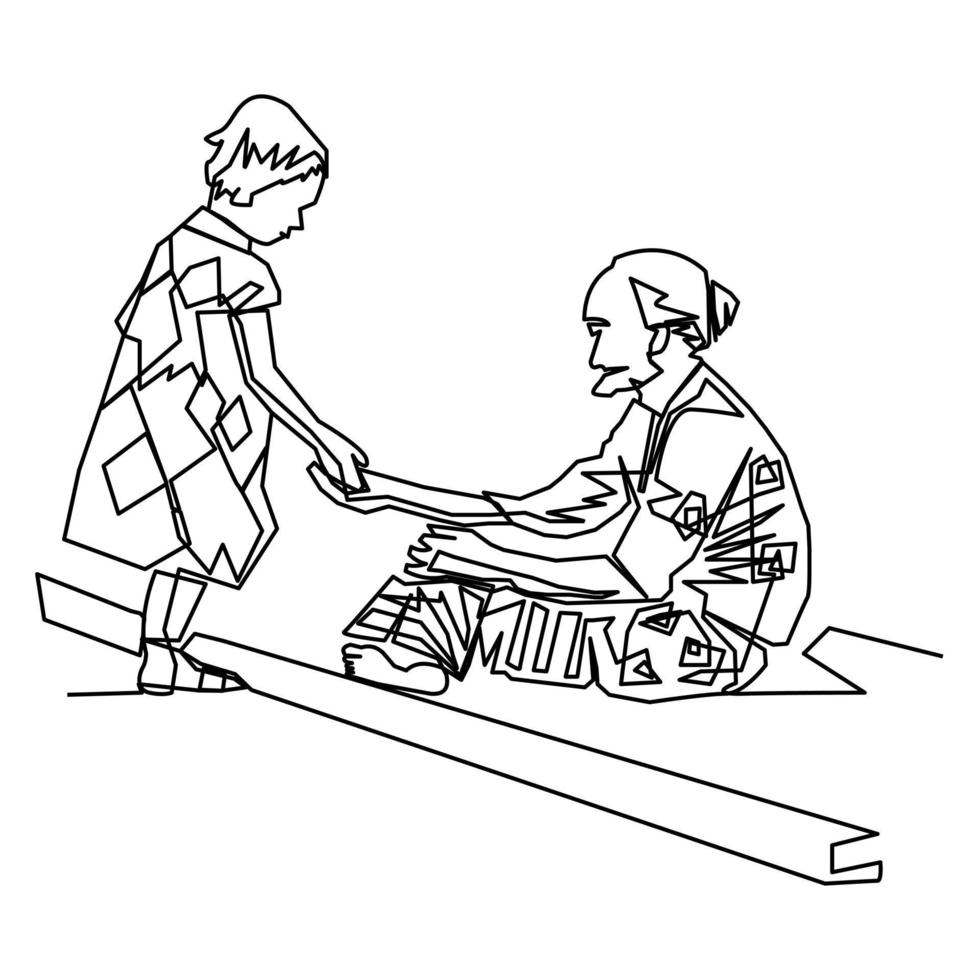 Single one line drawing a little girl giving donation to a Poor Homeless woman vector