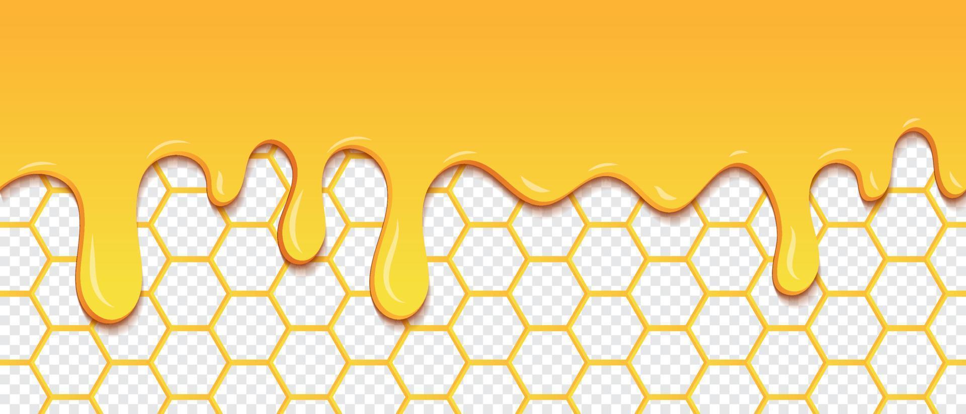 Yellow pattern with honeycomb and honey drips. Dripping honey seamless pattern. Gold honey hexagonal cells seamless texture. Vector illustration