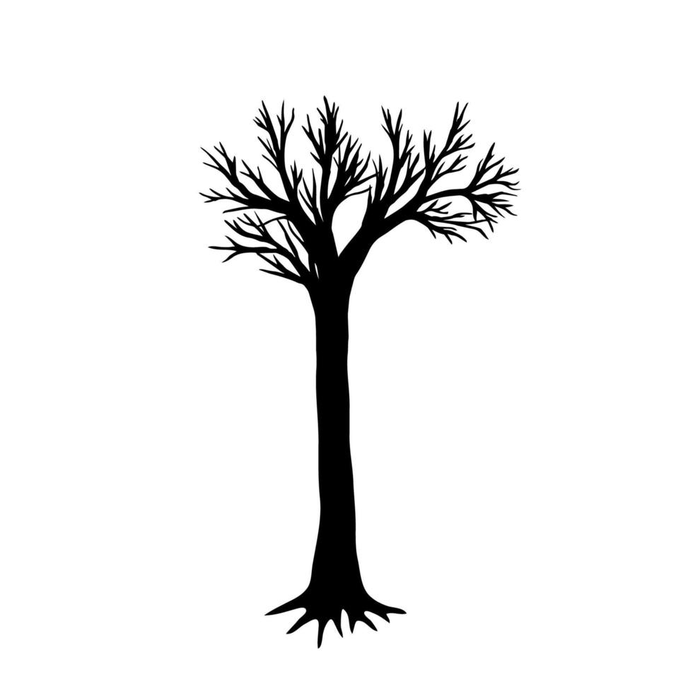 full length black silhouette of a lone tree without leaves and with roots. vector illustration