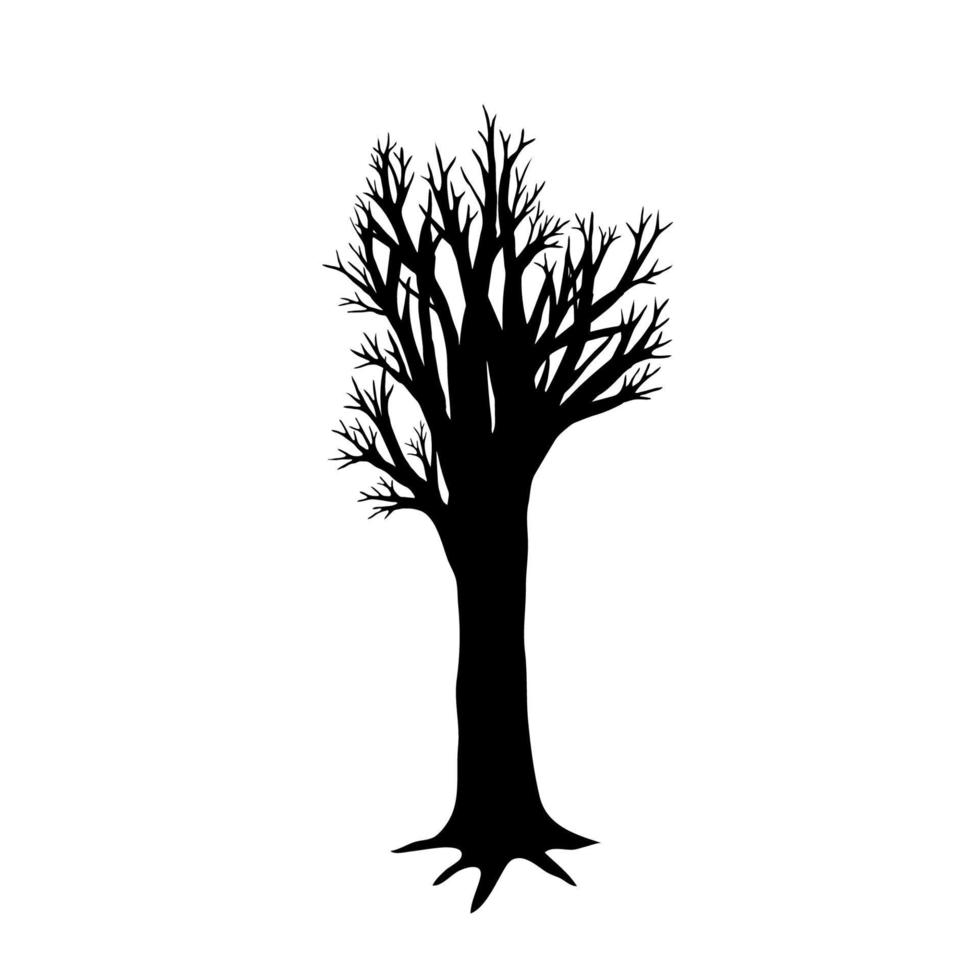 árbol de tronco grueso y ramas cortas, sin hojas. silueta de árbol negro de longitud completa con raíces. dibujo vectorial trazado a mano dibujado en tinta negra vector