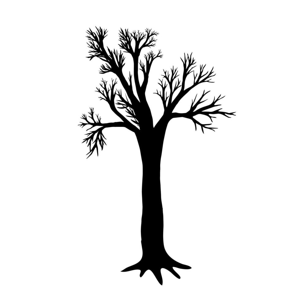 An isolated full length bare tree with roots hand drawn in black ink and traced. Vector drawing of a tree without leaves