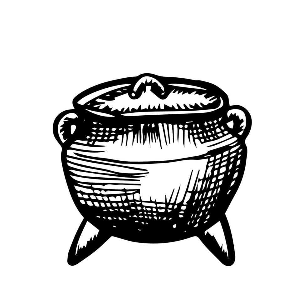 cauldron with a lid and legs, hand drawn in black ink and traced. Vector illustration of a camping boiler in pencil sketch style