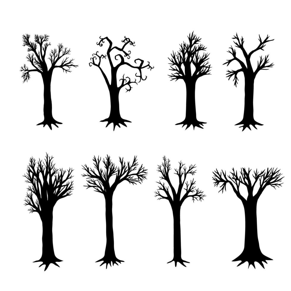 conjunto vectorial de siluetas negras de árboles de longitud completa sin hojas con raíces. colección de vectores dibujados a mano y rastreados