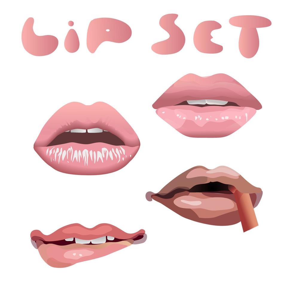 Set of female pink attractive lips. Lips with slightly parted teeth, lips with an open mouth, biting the lower lip, lips with a straw in the mouth on a white background vector