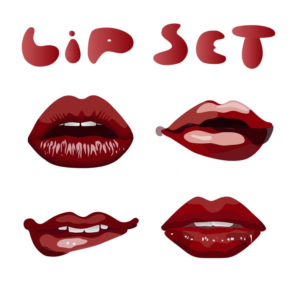 Set of female red attractive lips. Lips with slightly parted teeth, lips with an open mouth, biting the lower lip, lips with a straw in the mouth on a white background vector