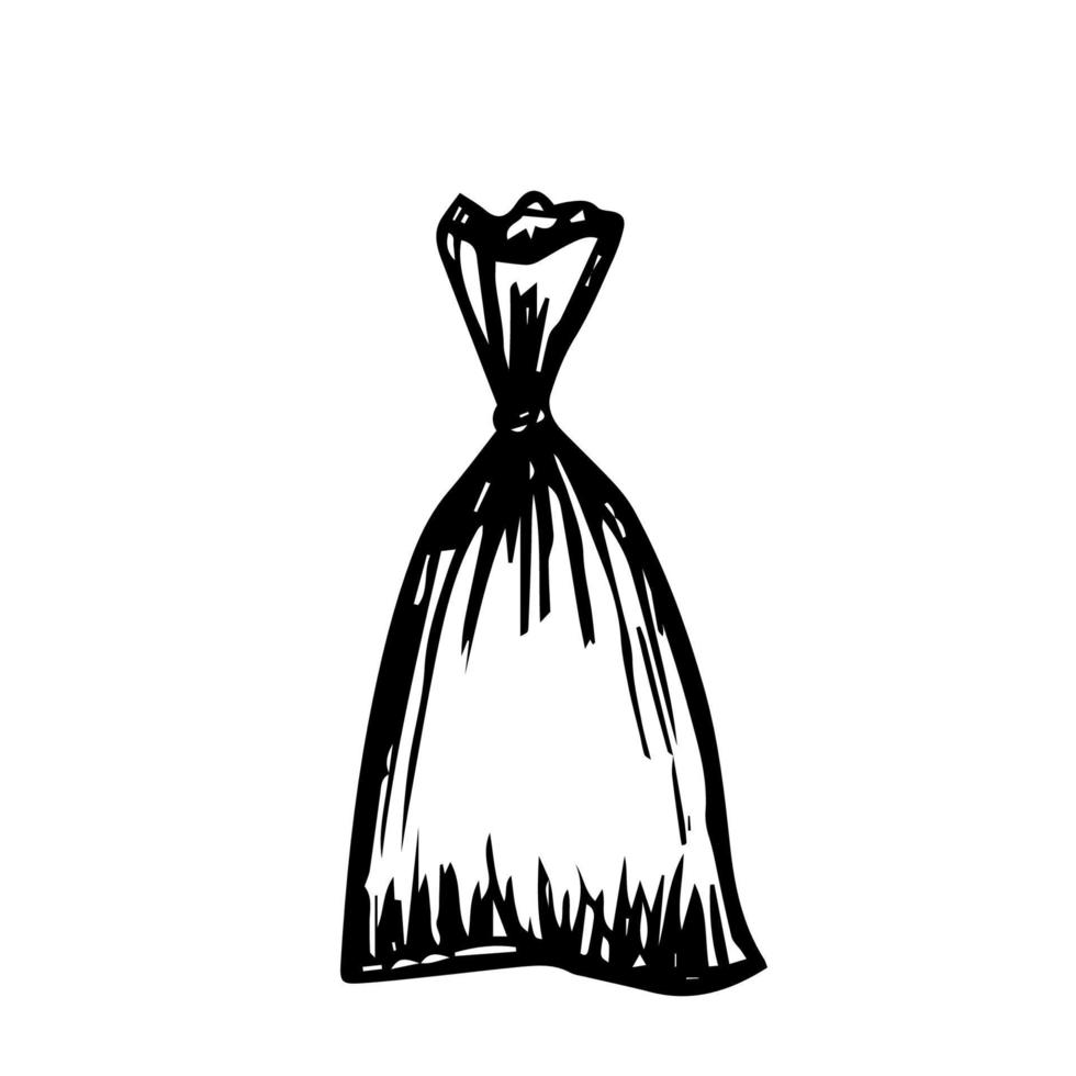 knotted bag vector hand drawn drawing. Traced black and white rag or canvas bag or package illustration