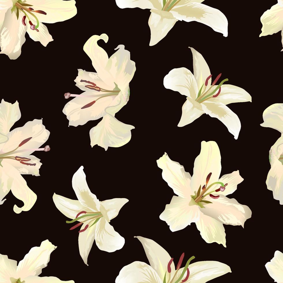 Seamless pattern with ivory lily flower without stems and leaves. Realistic opened big buds on a dark brown background. Vector floral illustration.