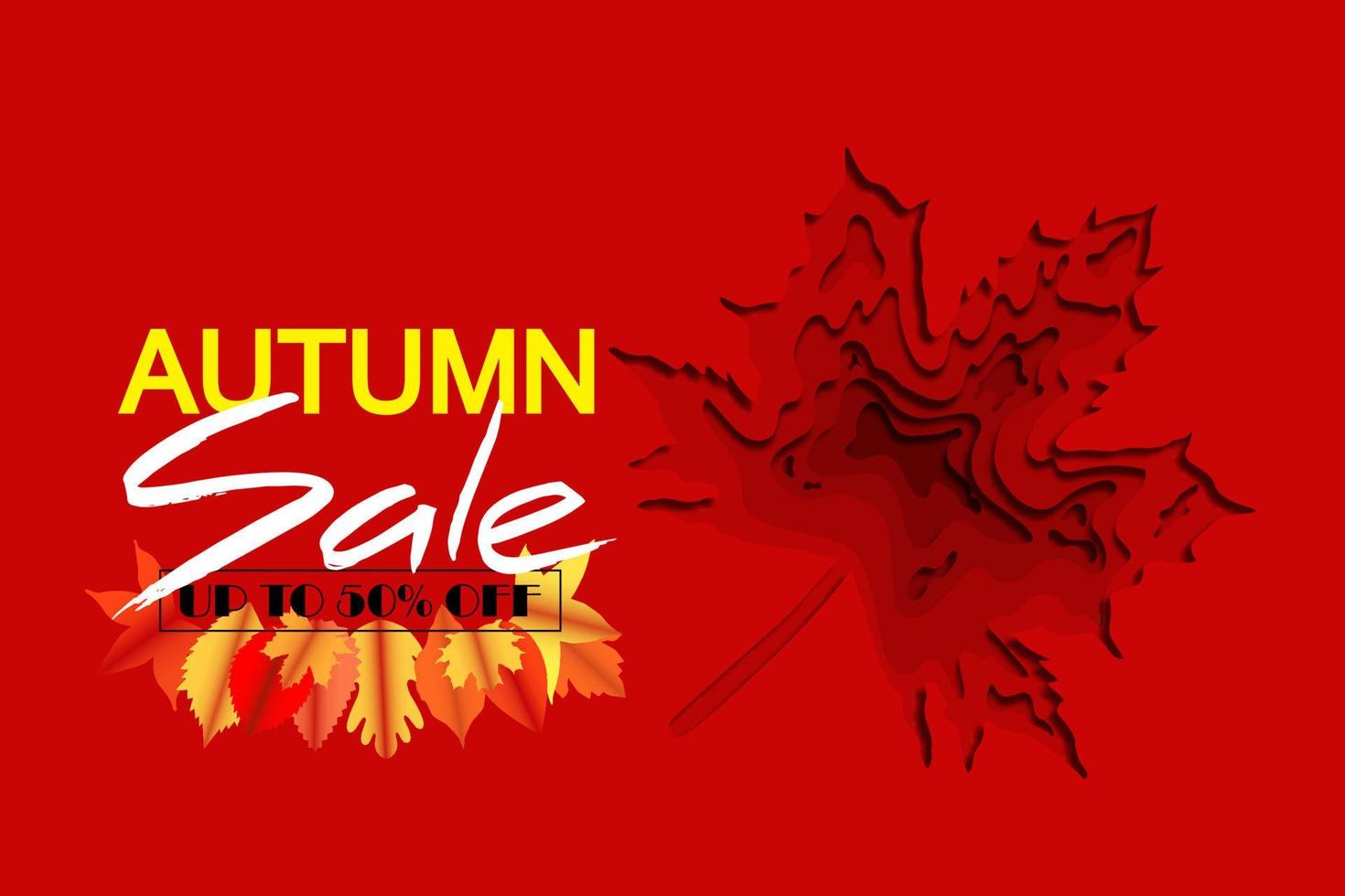 Autumn sale and red gradient maple leaf background layered effect in paper cut style. Autumn red lettering and yellow orange red leaves with shadow vector