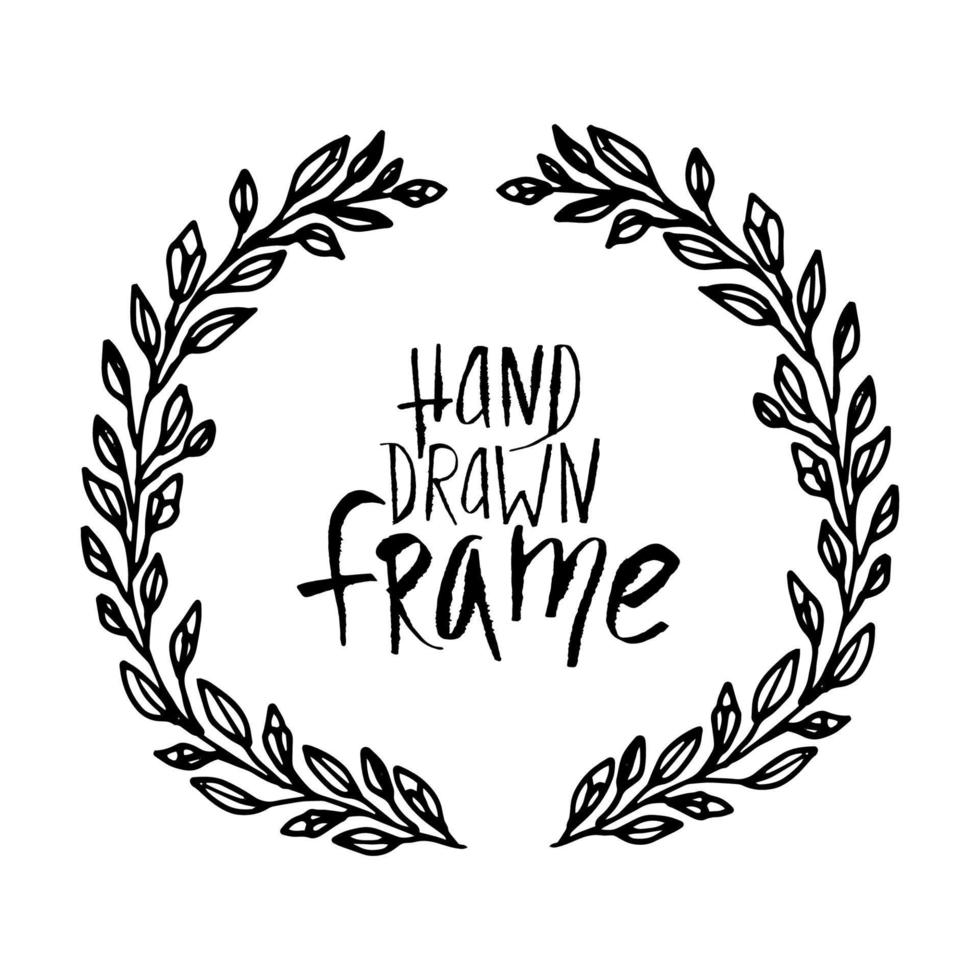 Floral vector wreath black outline isolated on white. Hand drawn and traced flower pattern in the shape of a wreath