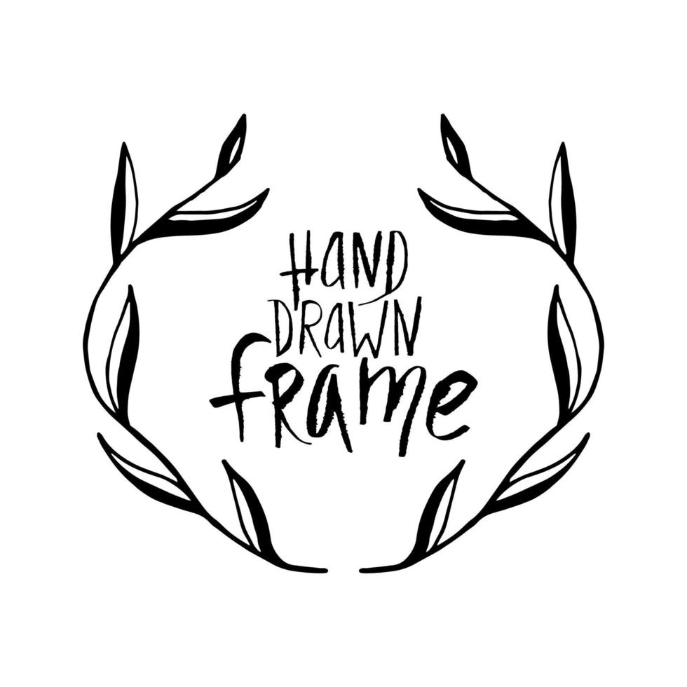 Vector symmetrical wreath of a flowering plant with large leaves. Black trace drawing of a tropical plant branch. Cursive frame with place for text.