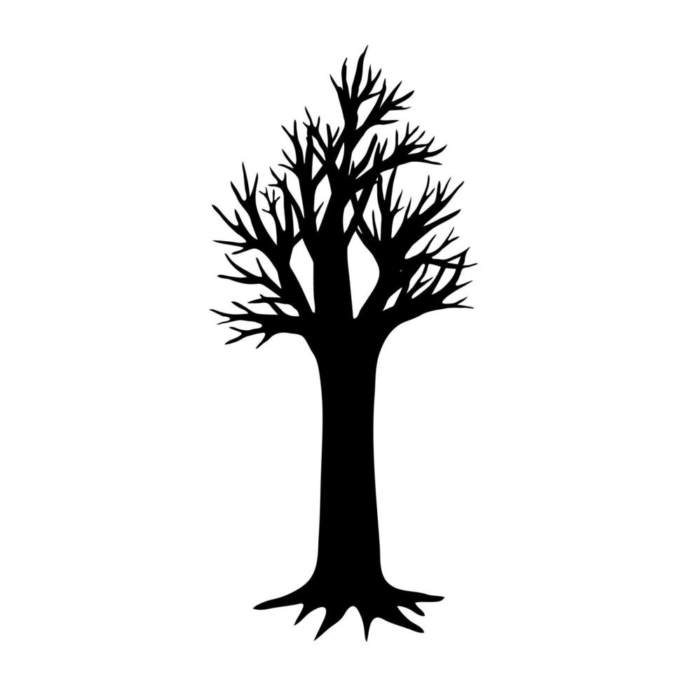 black silhouette of a tree on a white background. Vector traced illustration of a full length tree with fallen leaves.