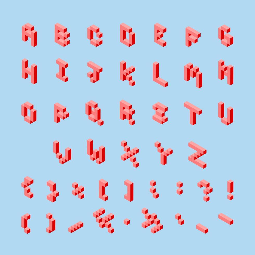 3 d pixel art set of punctuation marks and alphabet in isometric left. Red signs and letters on a light blue background vector