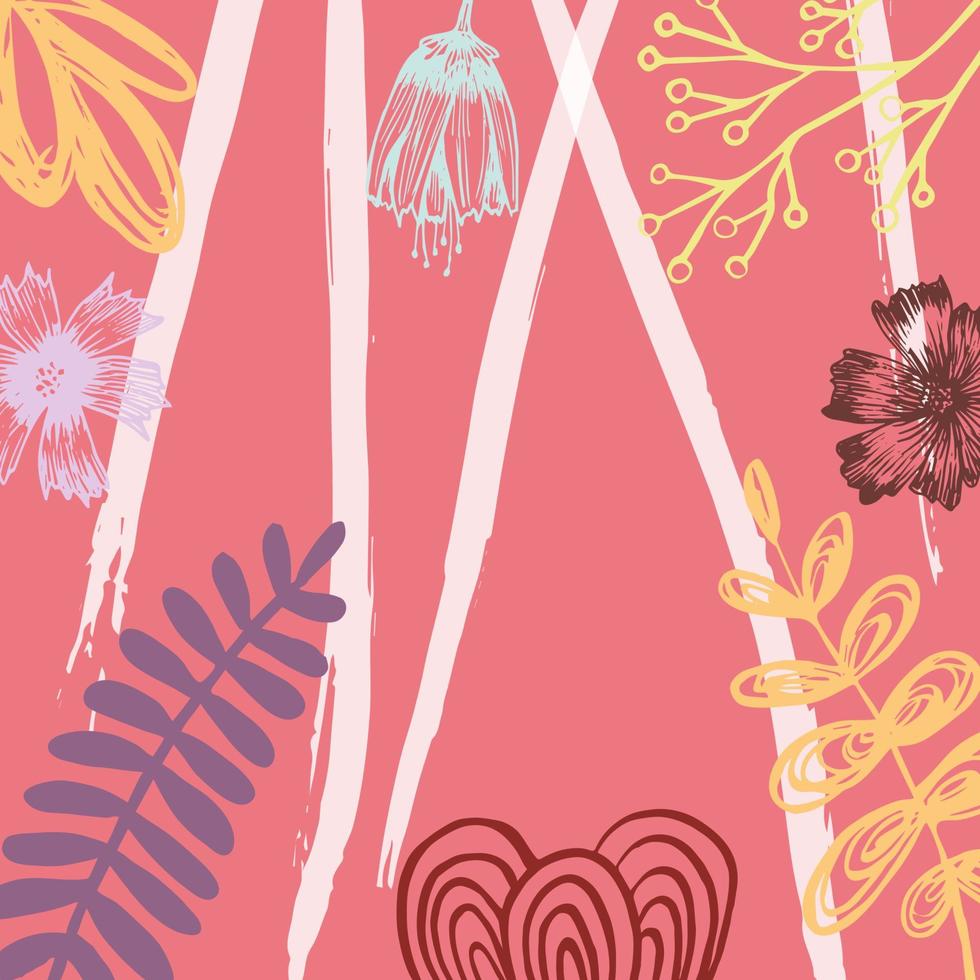 plants - leaves, branches. stripes and flowers in the style of hand drawing on a pink background in the form of a square. Abstract floral illustration vector