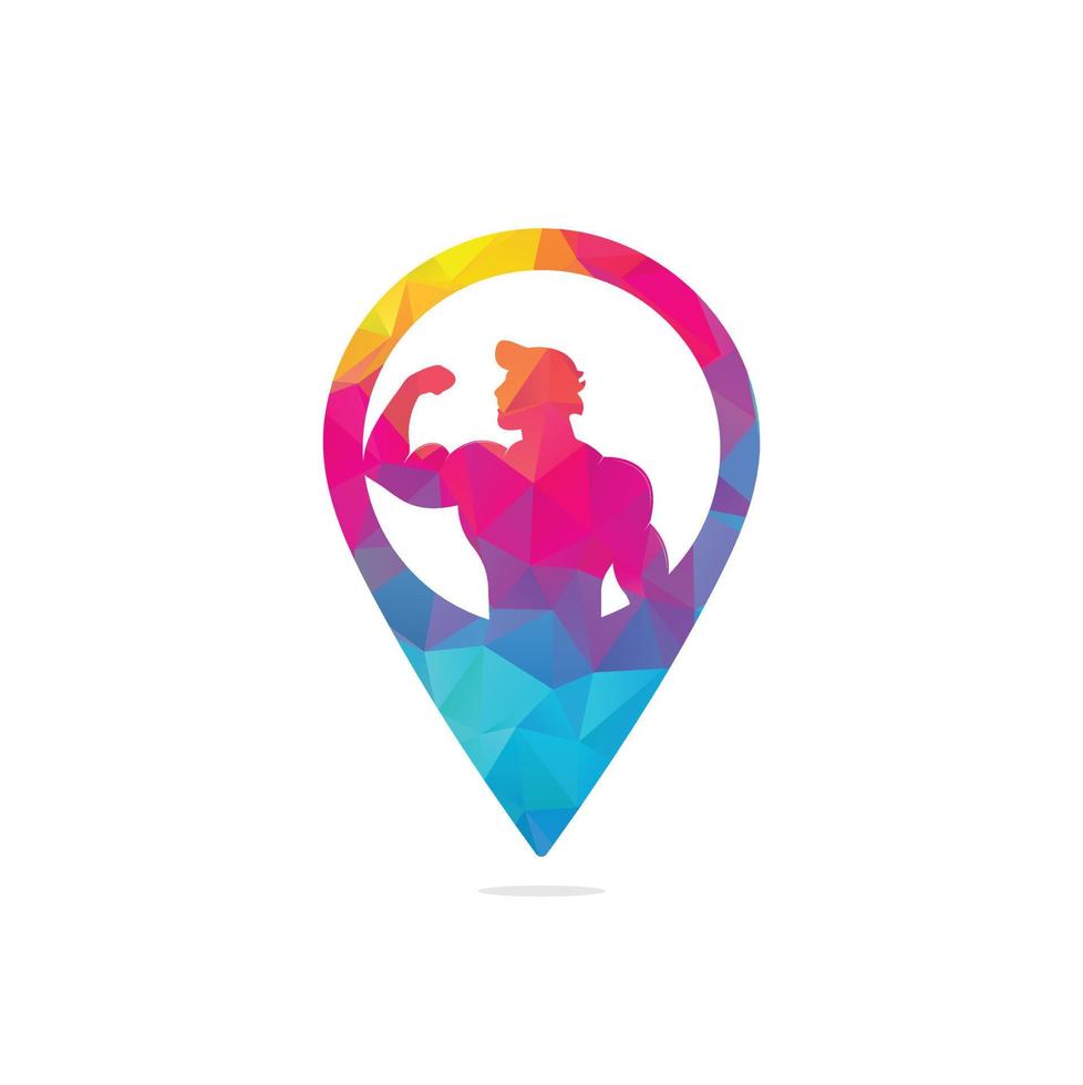 Fitness map pin shape concept logo, gym vector logo template. Fitness or Gym club emblem with posing athletic man.