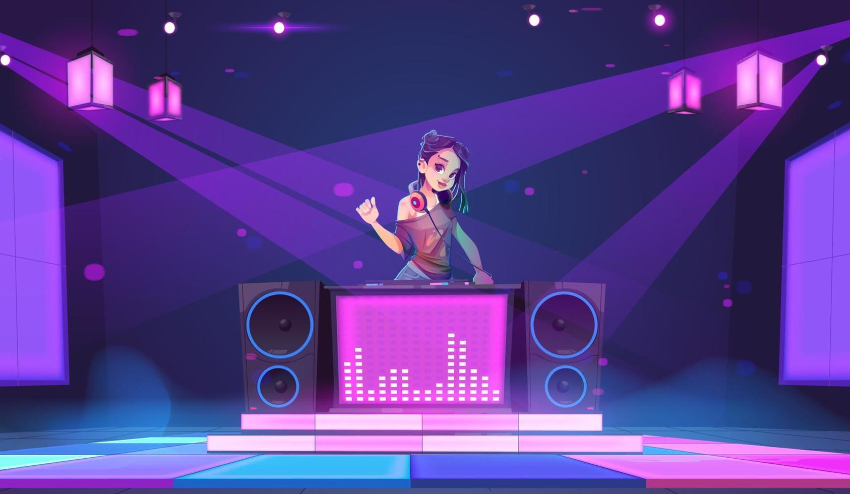 Dj girl stand at turntable in night club, party vector