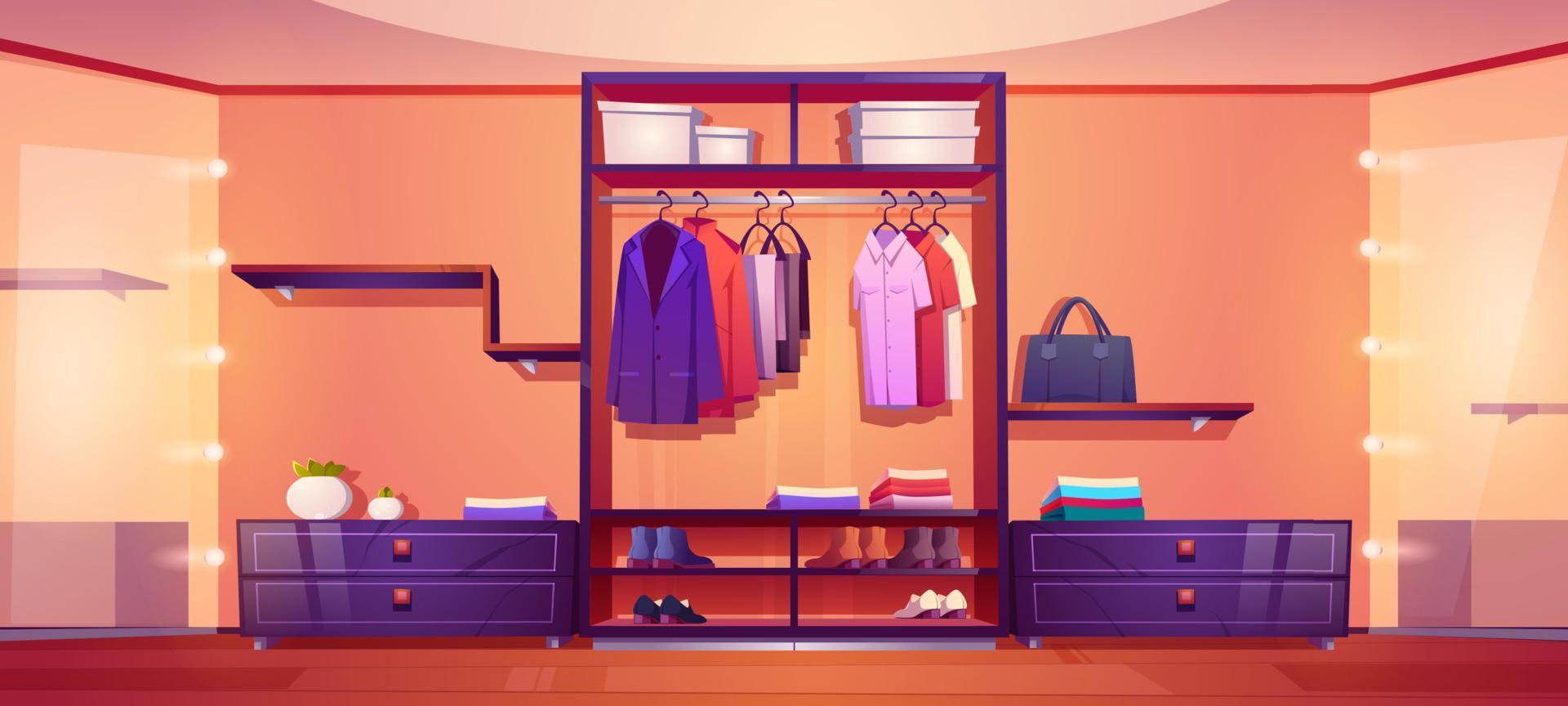 Walk in closet with men wardrobe and mirrors vector