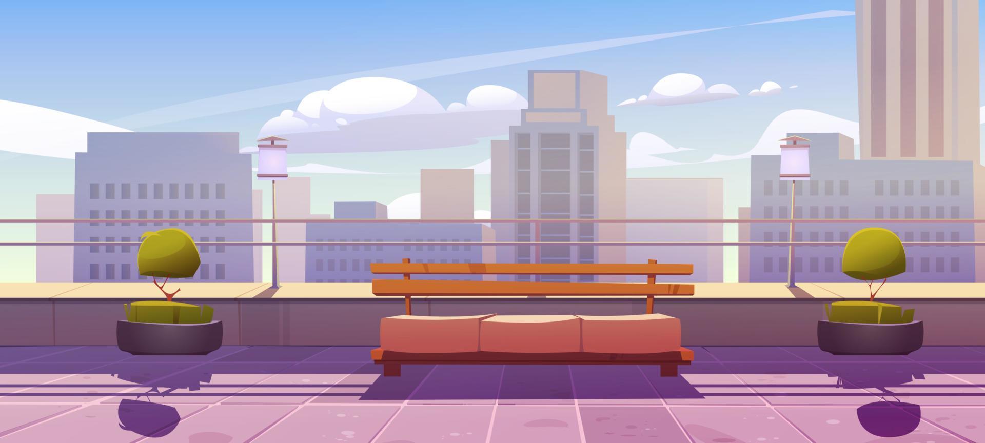 Rooftop terrace with bench on city view background vector