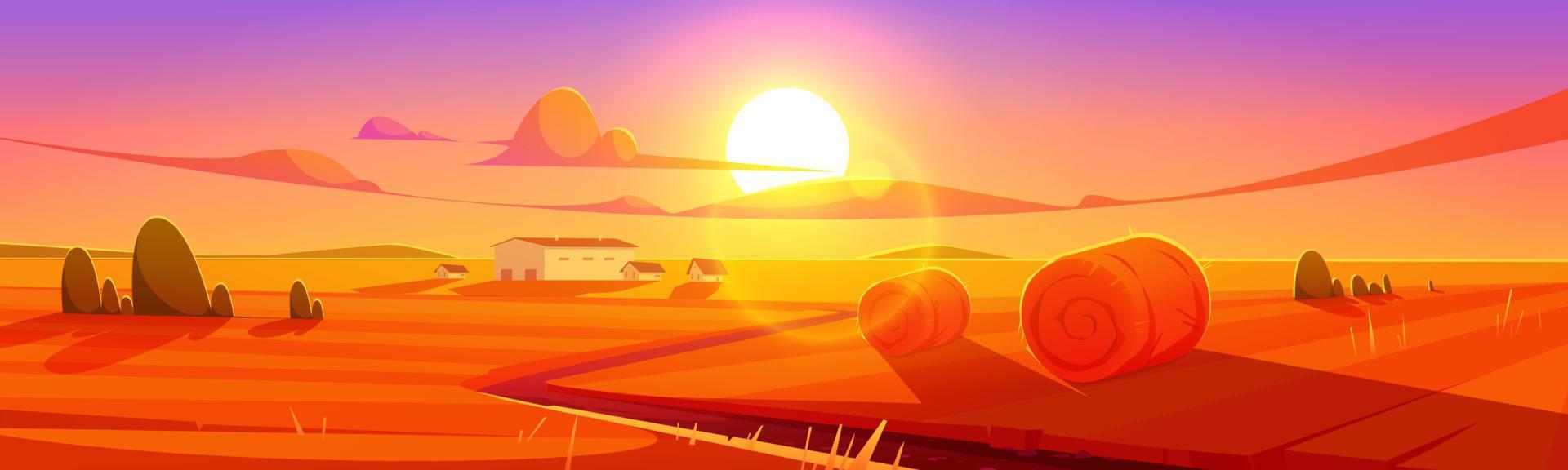 puesta de sol paisaje paisaje rural, campo con heno vector