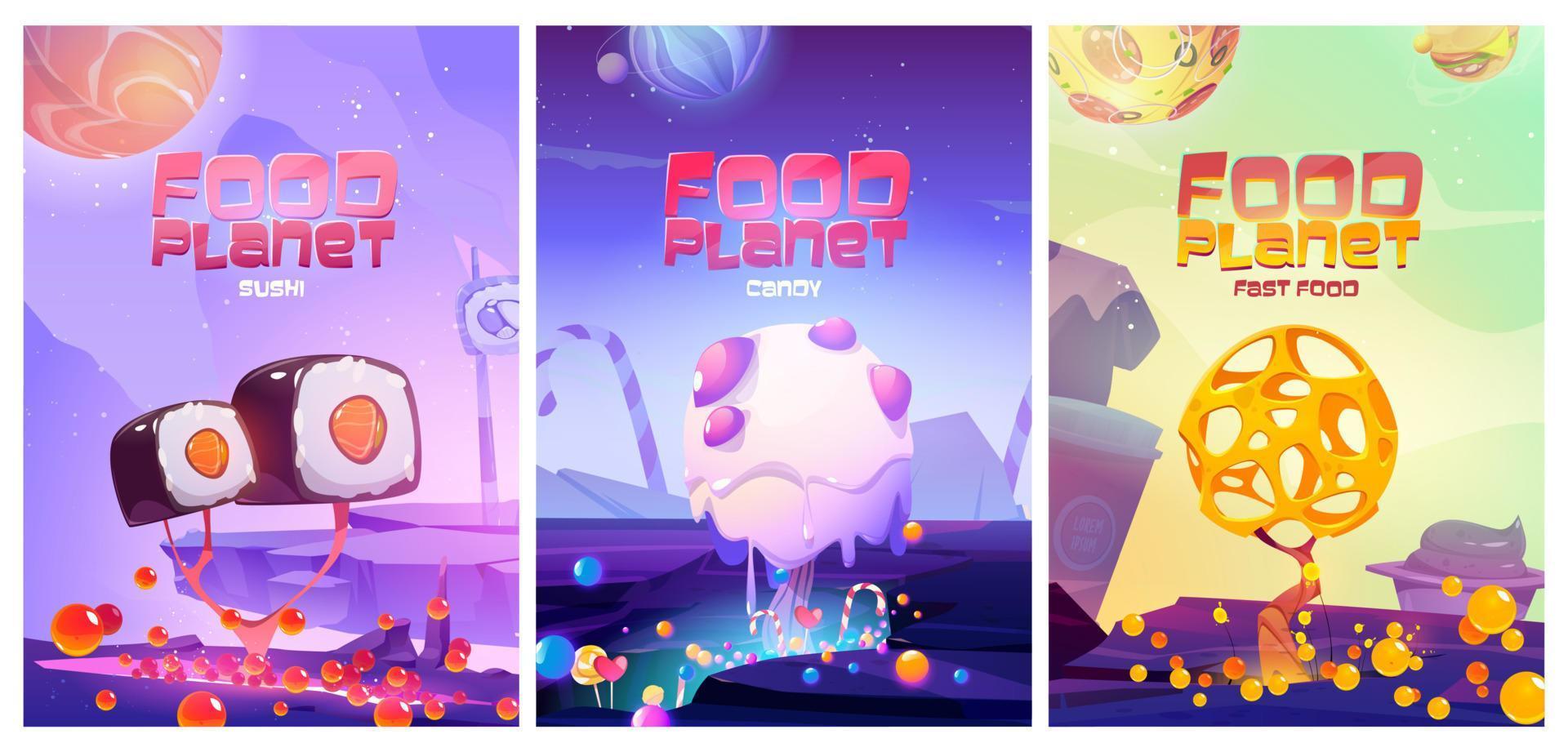 Food planet posters with sushi, candy and cheese vector