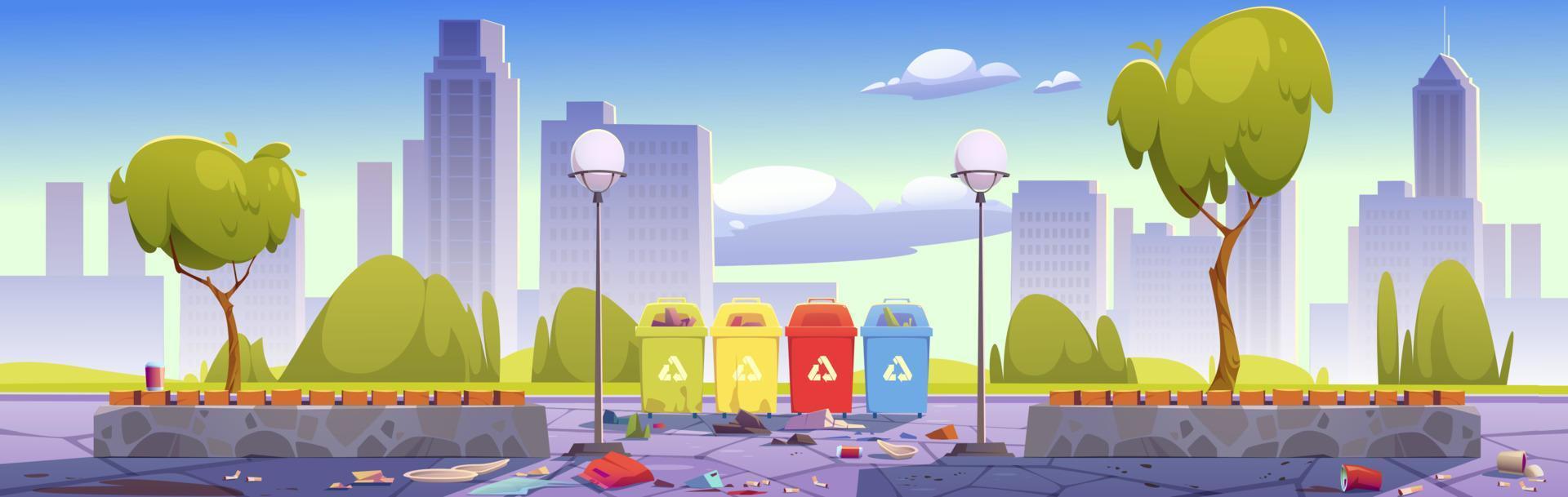 parque de la ciudad sucia con papeleras y basura vector