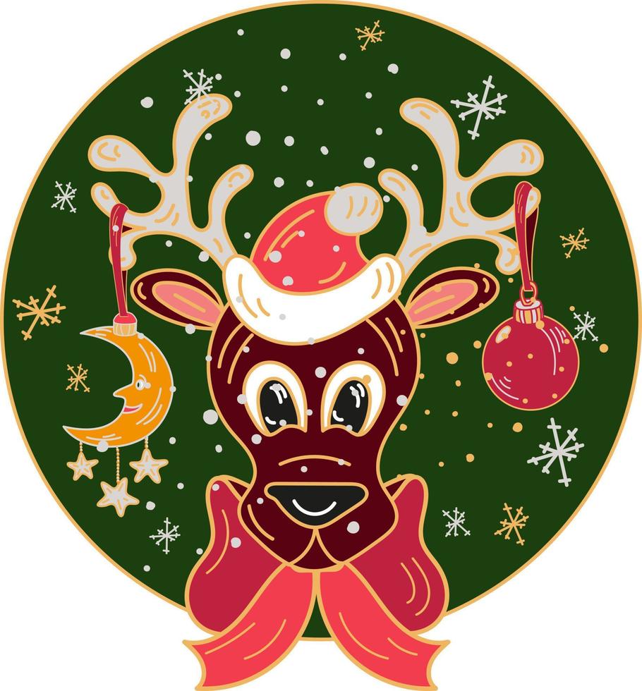 plantilla de tarjeta de felicitación de navidad con ciervo de santa en un estilo de garabato de arco vector