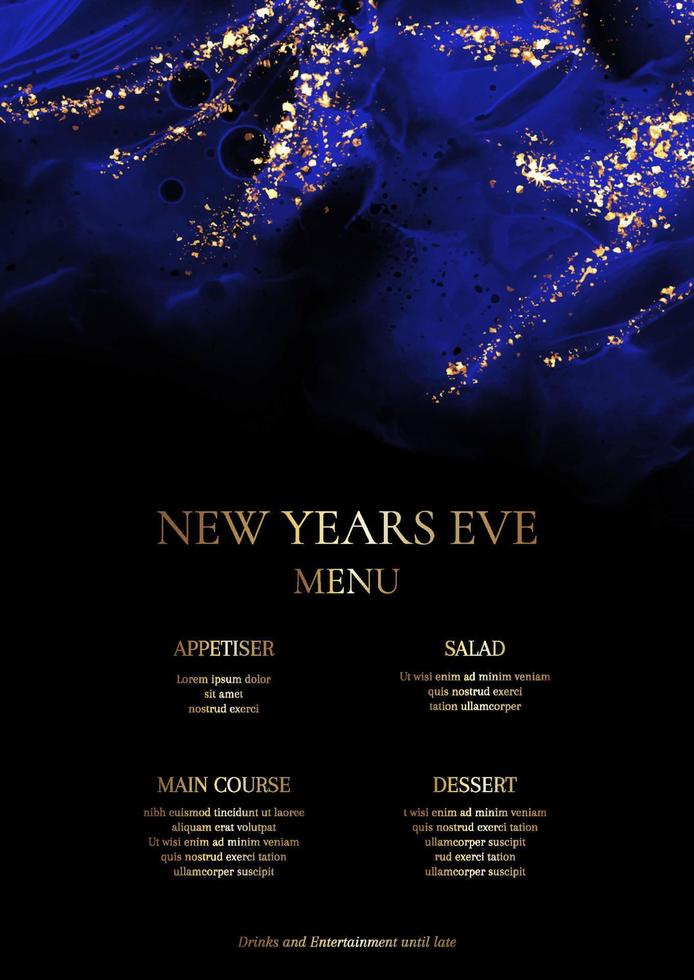 Elegant New Years Eve menu with hand painted alcohol ink design vector