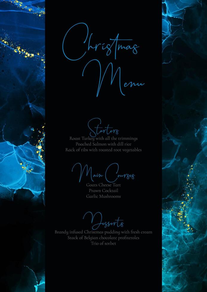 elegante diseño de menú navideño con fondo de tinta de alcohol azul y dorado vector