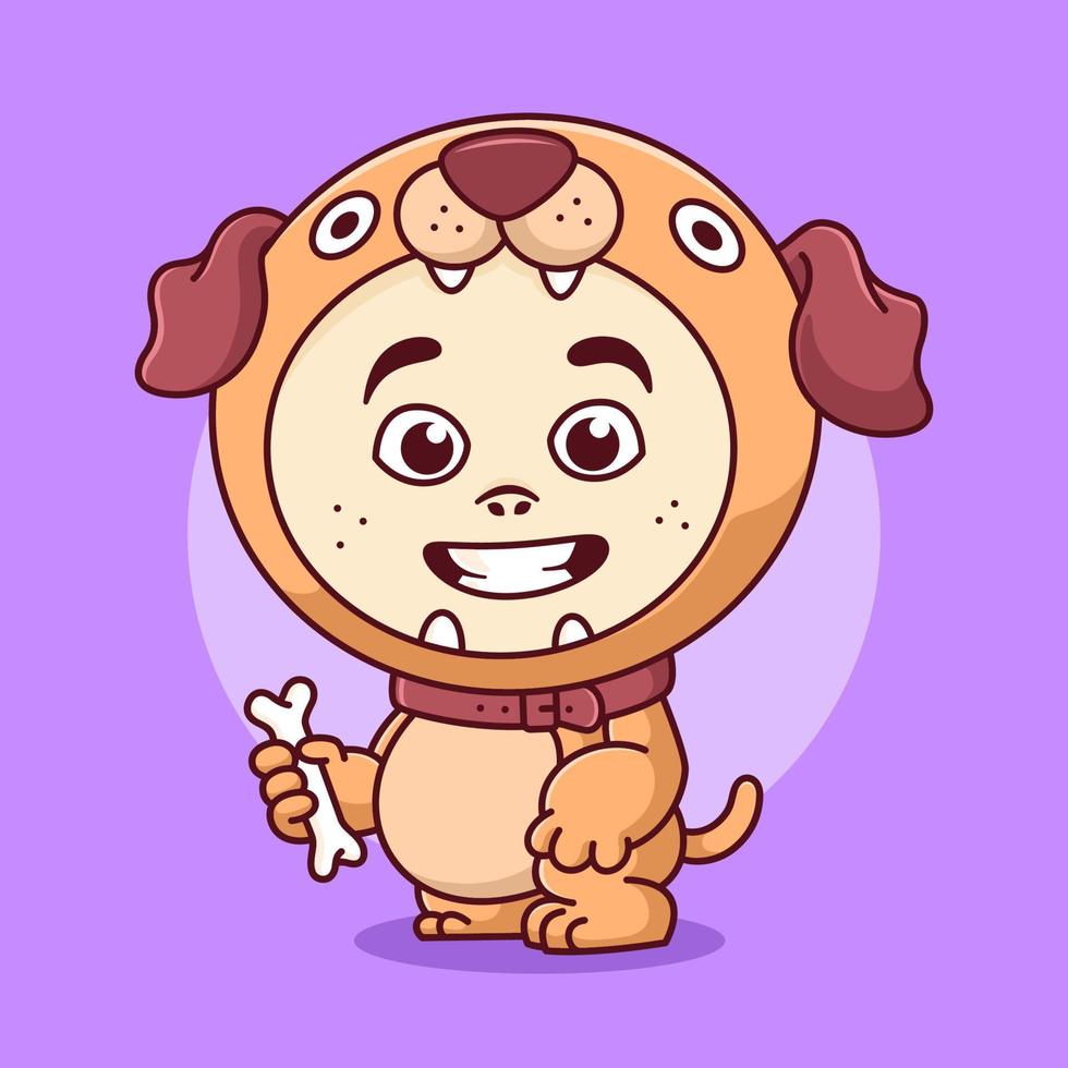 cute kid wearing a dog costume and carrying a bone vector