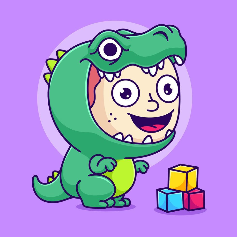 niño lindo con disfraz de dinosaurio t-rex vector