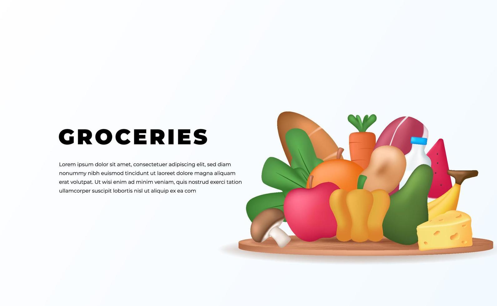 fresh groceries vegetable, fruit, milk, meat on the wood podium nature shopping retail vector