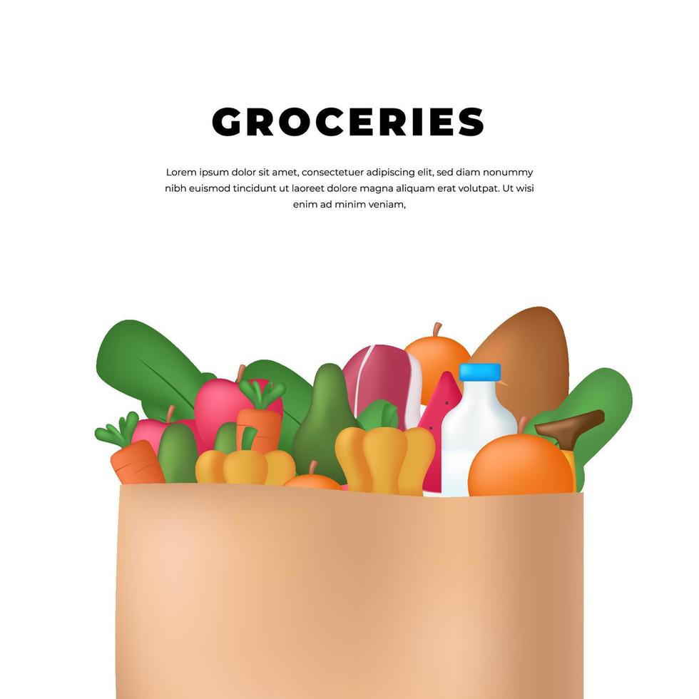 3d fresh groceries shop retail with paper bag delivery fruit vegetable food vector