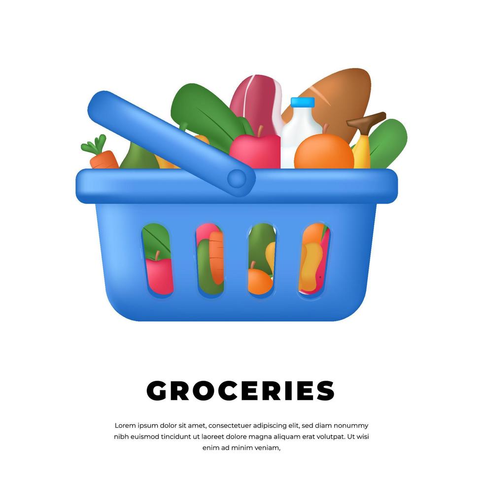 La cesta azul 3d contiene alimentos, frutas, verduras, comestibles, productos que se venden en supermercados o tiendas minoristas. vector