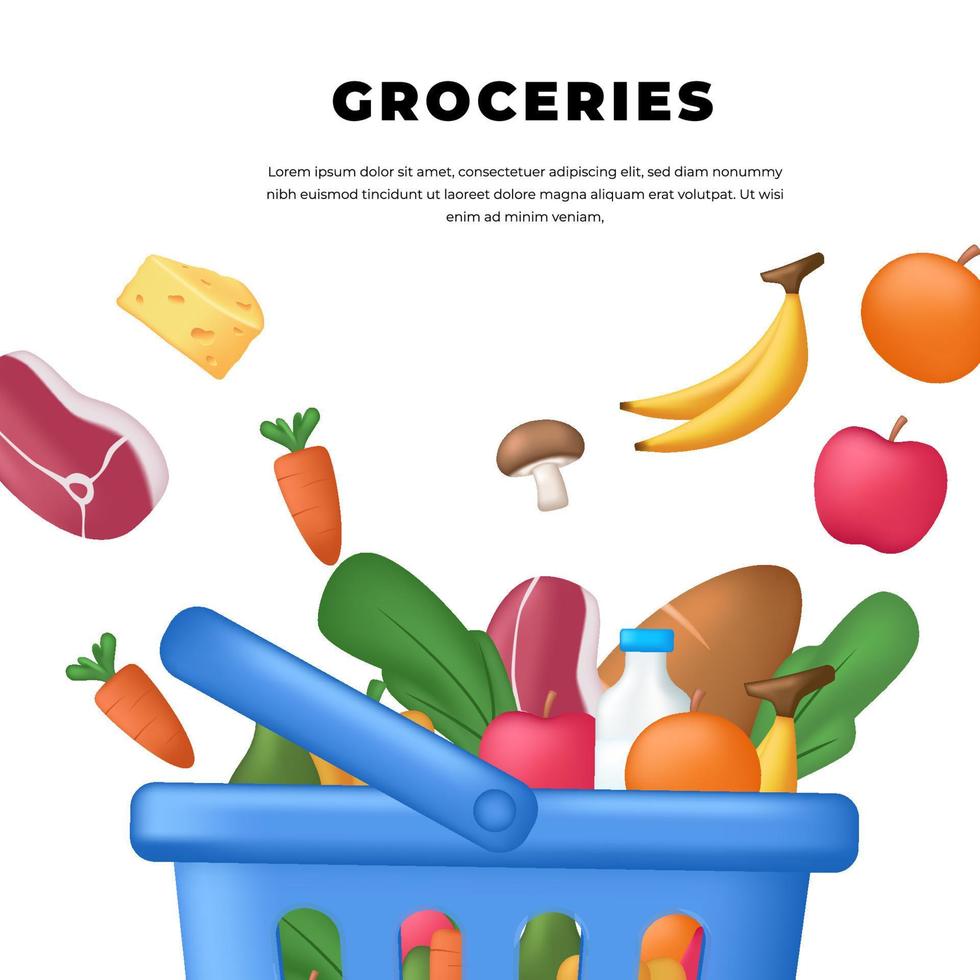 La cesta azul 3d contiene alimentos, frutas, verduras, comestibles, productos que se venden en supermercados o tiendas minoristas. vector