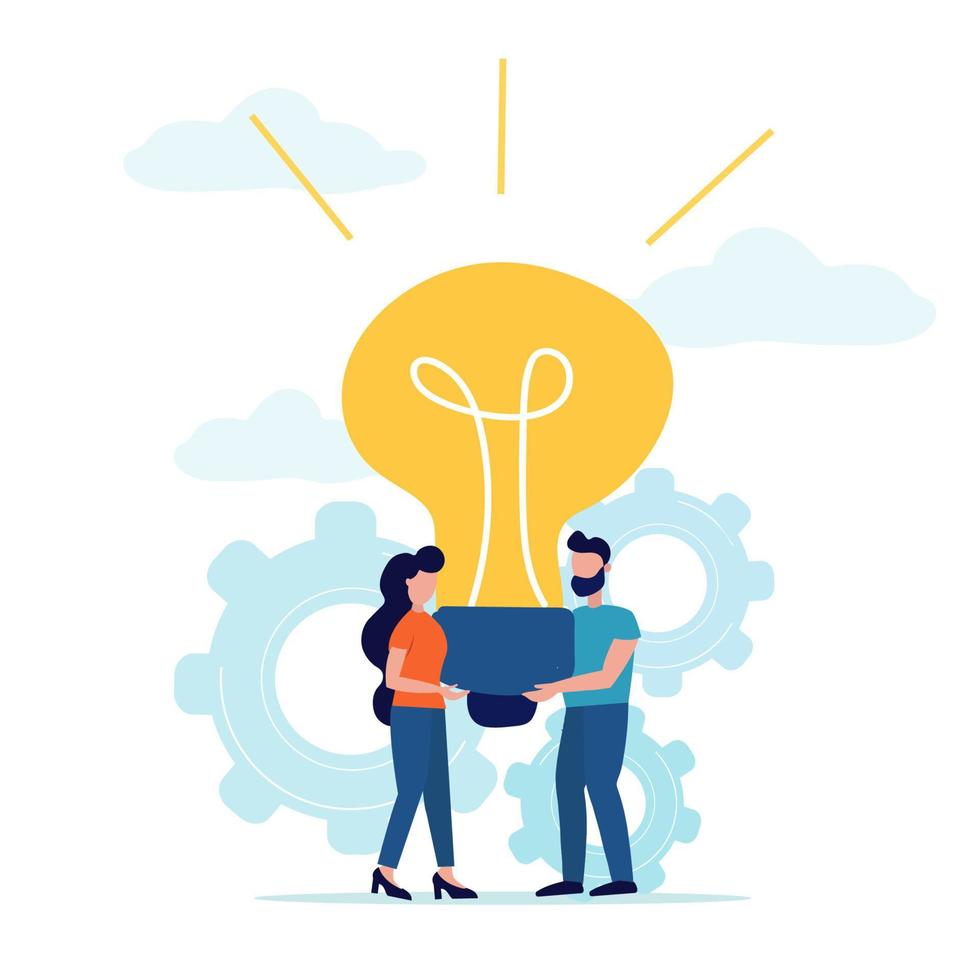 Man and woman holding a light bulb, a metaphor for the search for an idea. business concept for teamwork, finding new solutions, vector illustration