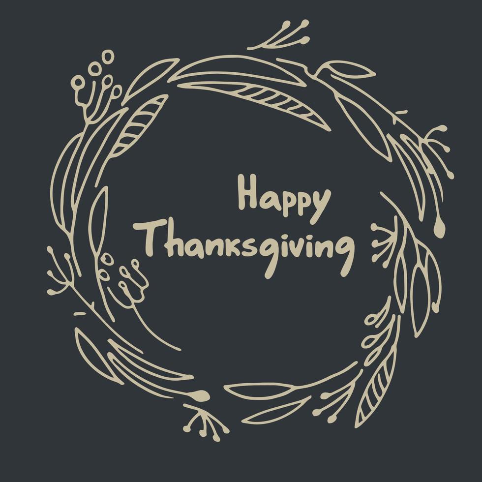 Card Happy Thanksgiving Day cozy holiday design. Hand-lettered greeting phrase with country house, pumpkins, autumn leaves vector