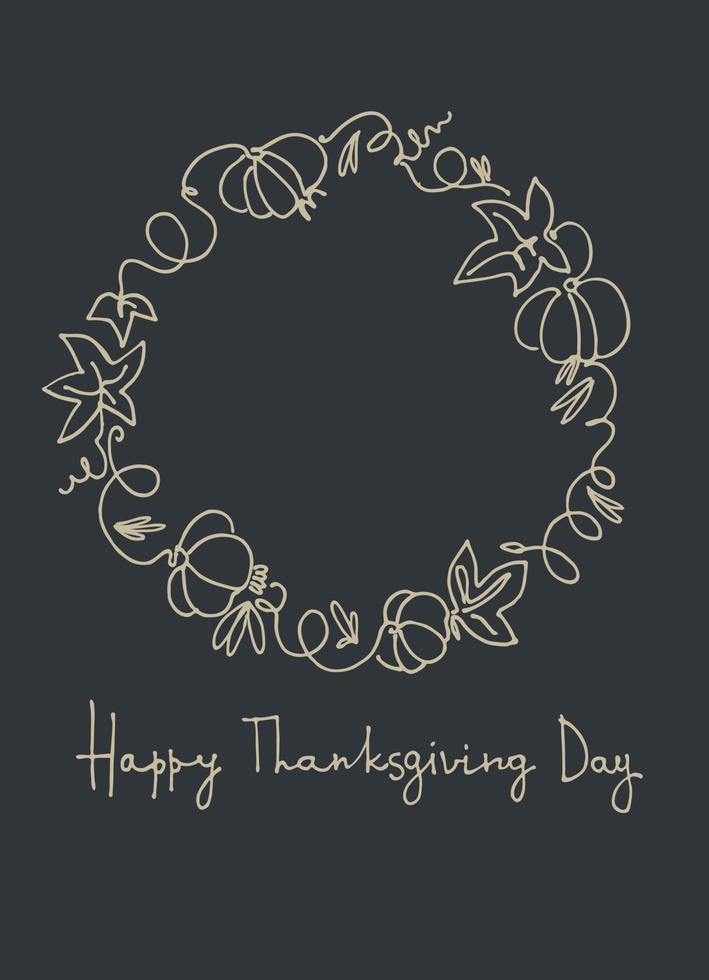 Card Happy Thanksgiving Day cozy holiday design. Hand-lettered greeting phrase with country house, pumpkins, autumn leaves vector