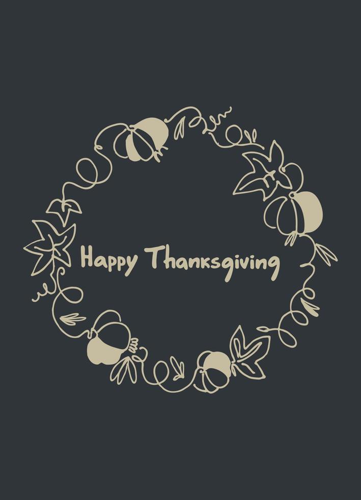 Card Happy Thanksgiving Day cozy holiday design. Hand-lettered greeting phrase with country house, pumpkins, autumn leaves vector