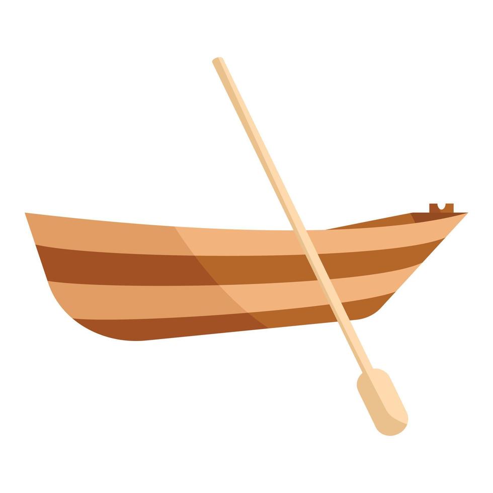 Wooden boat with paddle icon, cartoon style vector