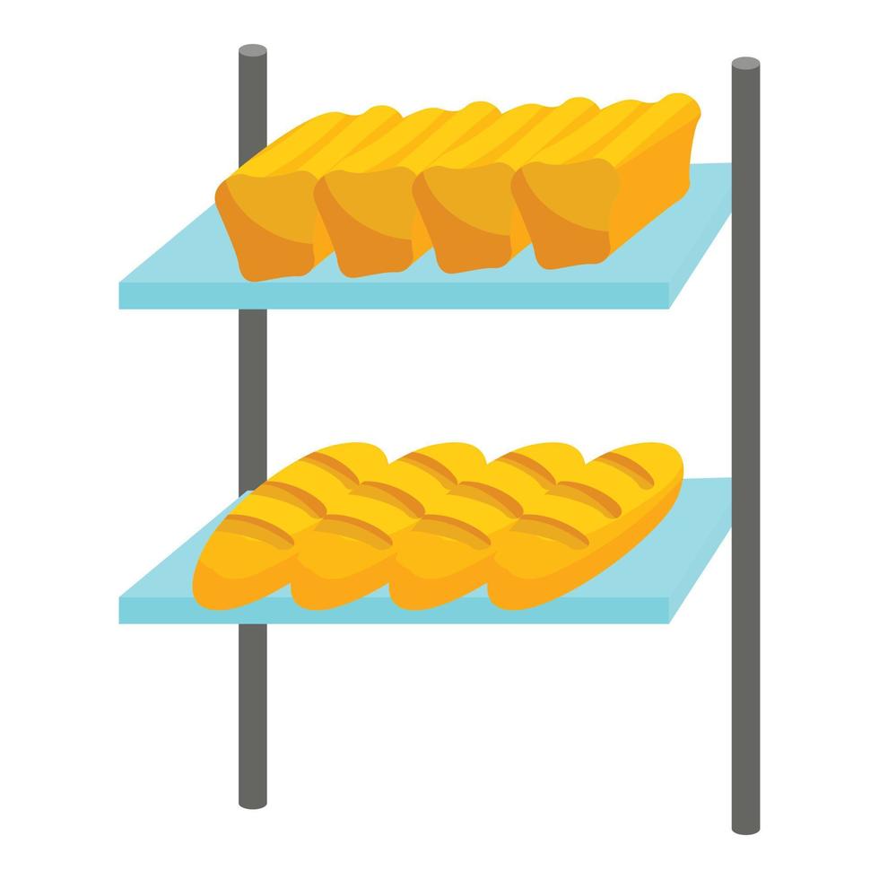 Loaves of bread on shelves icon, cartoon style vector