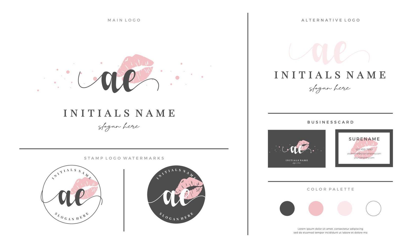 letter AE A E Initial handwriting logo template with lipstick kiss or makeup vector