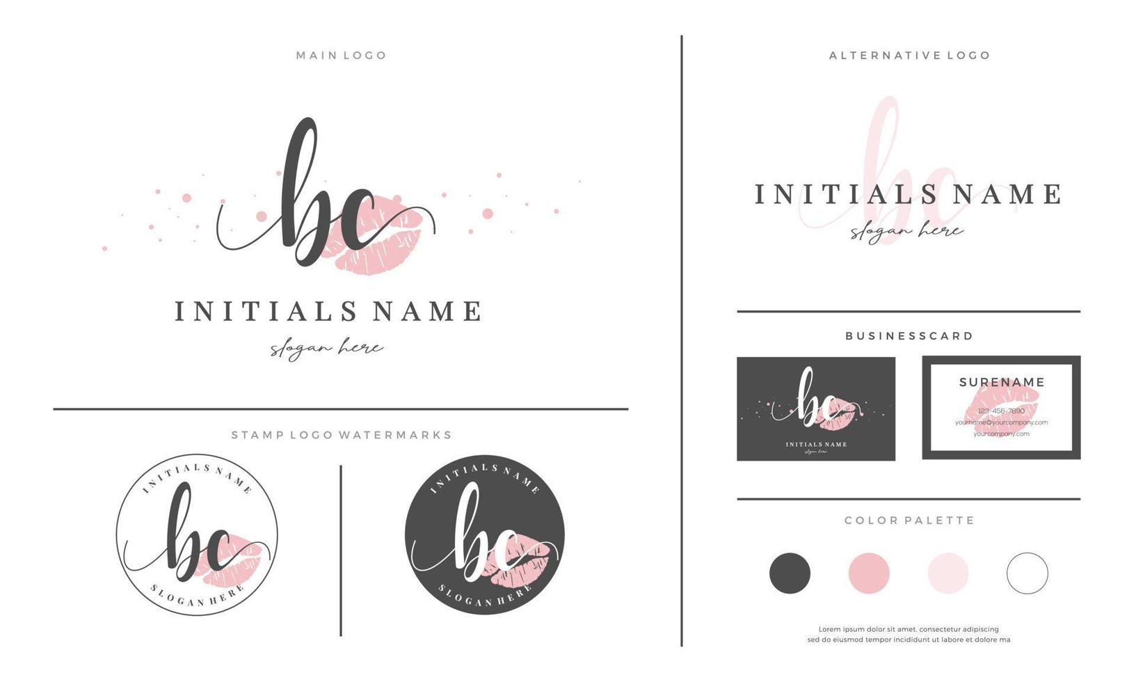 letter BC B C Initial handwriting logo template with lipstick kiss or makeup vector