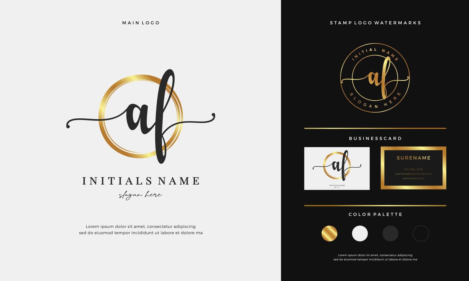 Circle gold brush letter AF A F Initial logo design with handwriting style vector