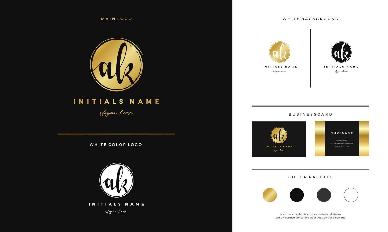 círculo dorado letra ak ak diseño de logotipo inicial con plantilla de estilo de escritura a mano vector