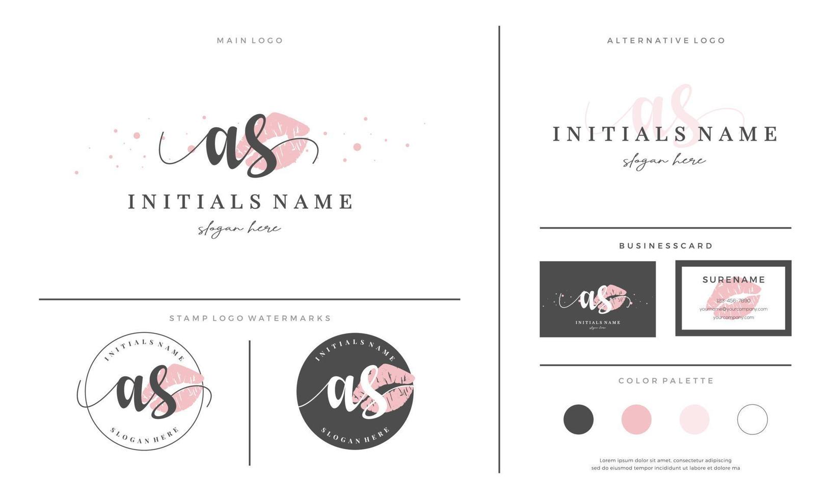 letter A S AS Initial handwriting logo template with lipstick kiss or makeup vector