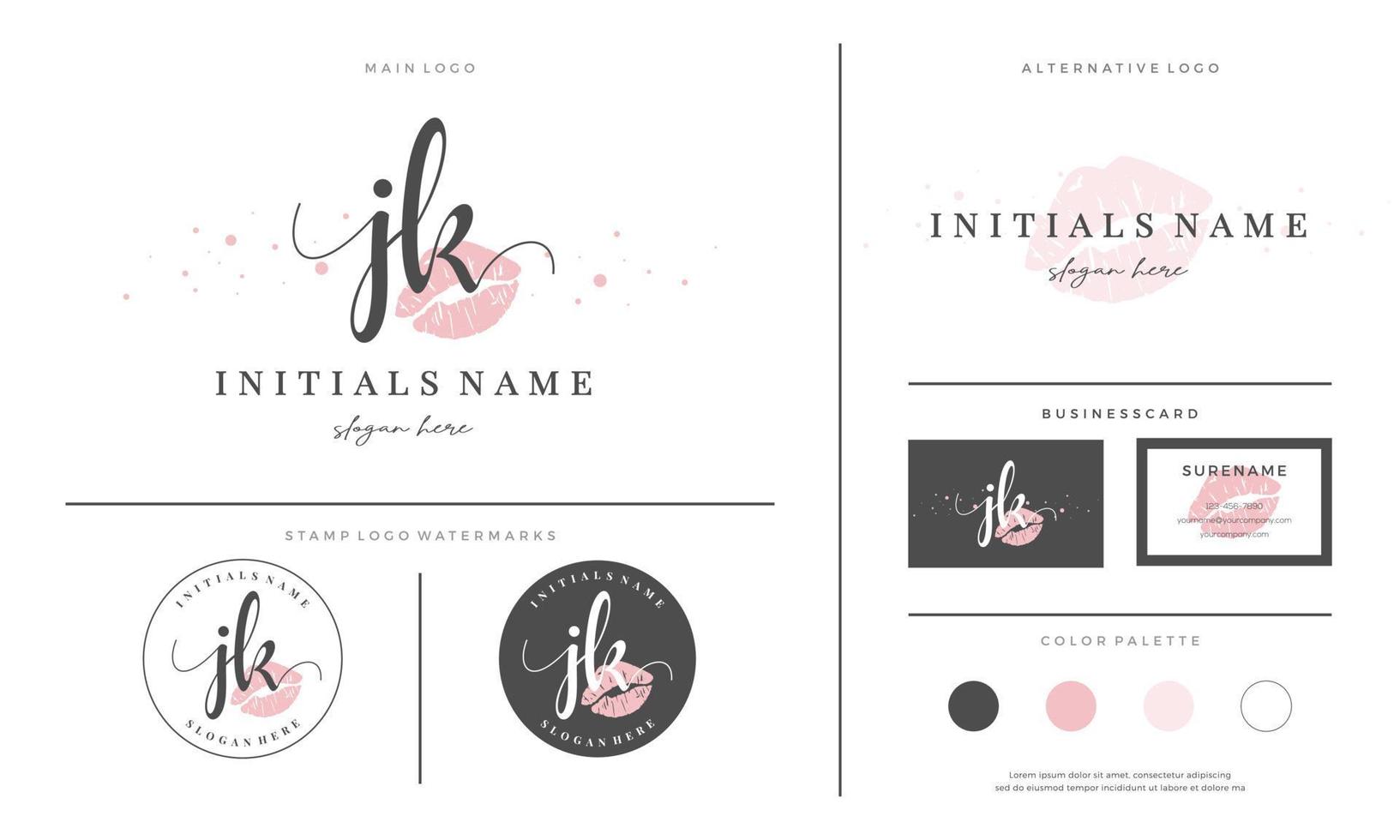 letter JK J K Initial handwriting logo template with lipstick kiss or makeup vector