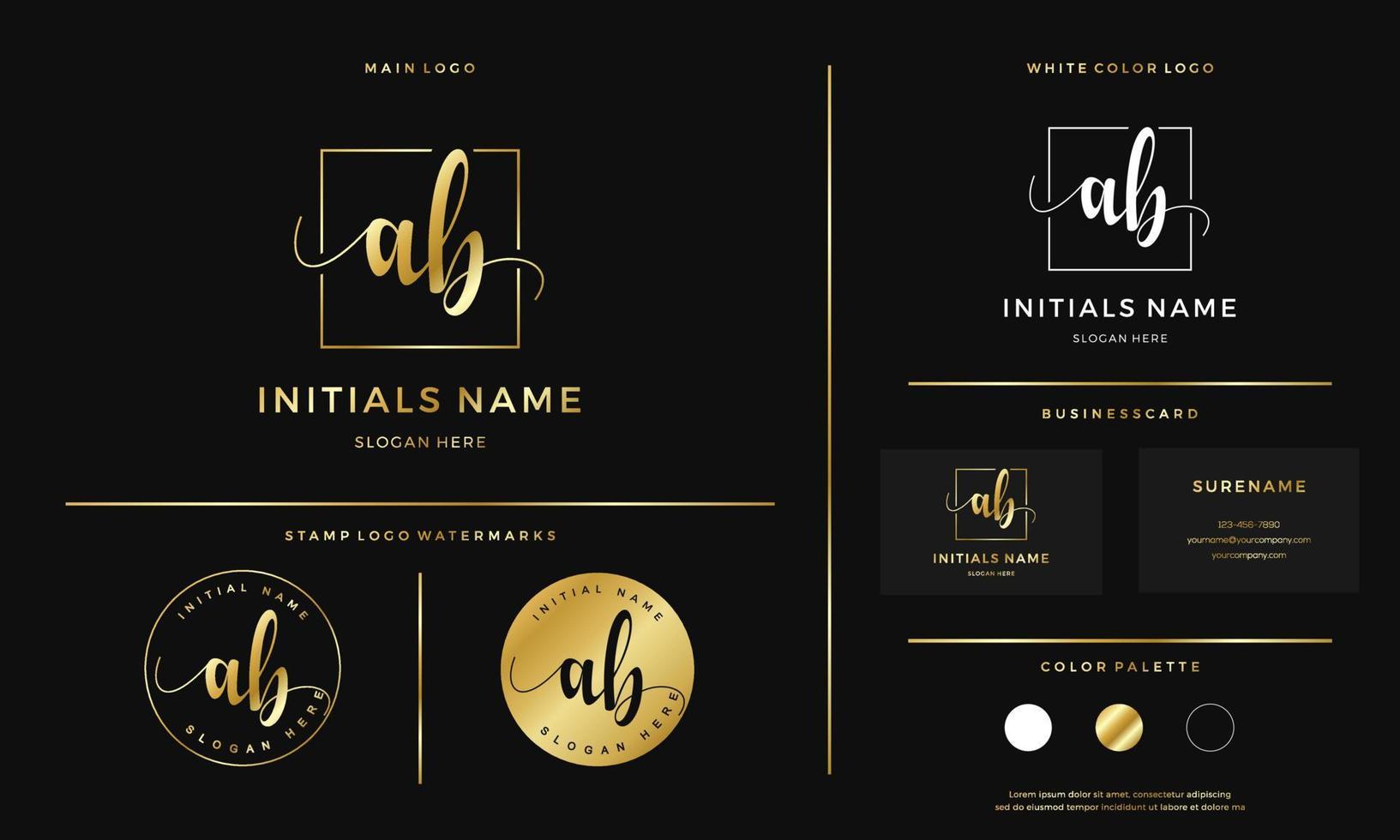 golden Initial AB letter A B handwriting logo design line square vector