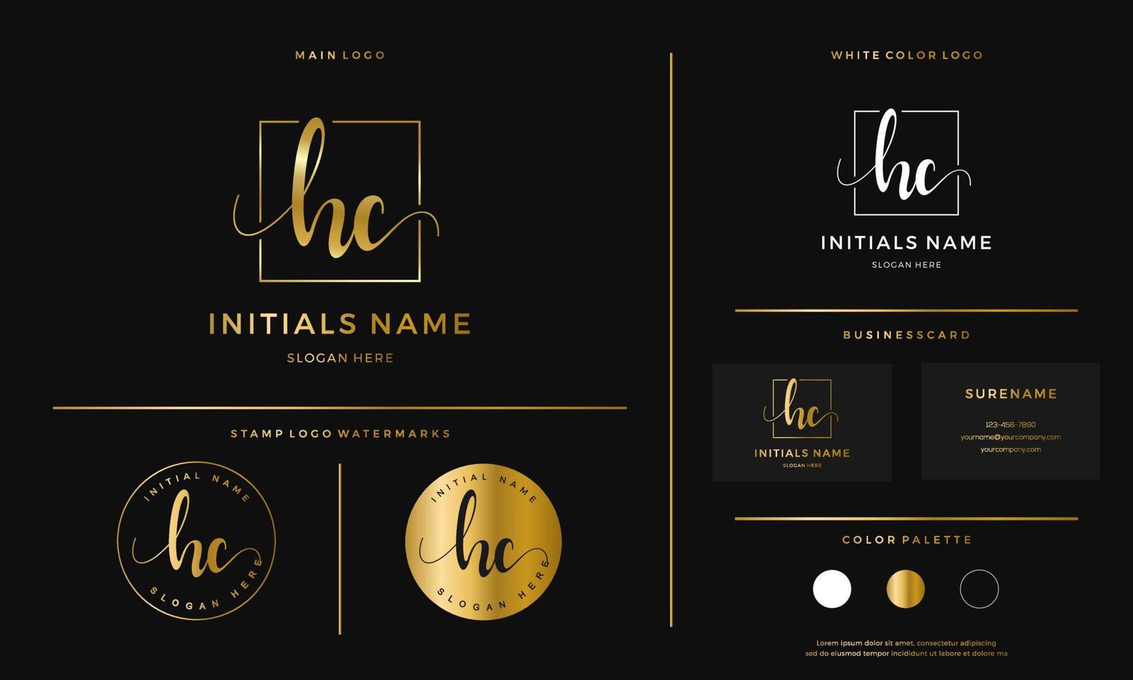 golden Initial HC letter H C handwriting logo design line square vector