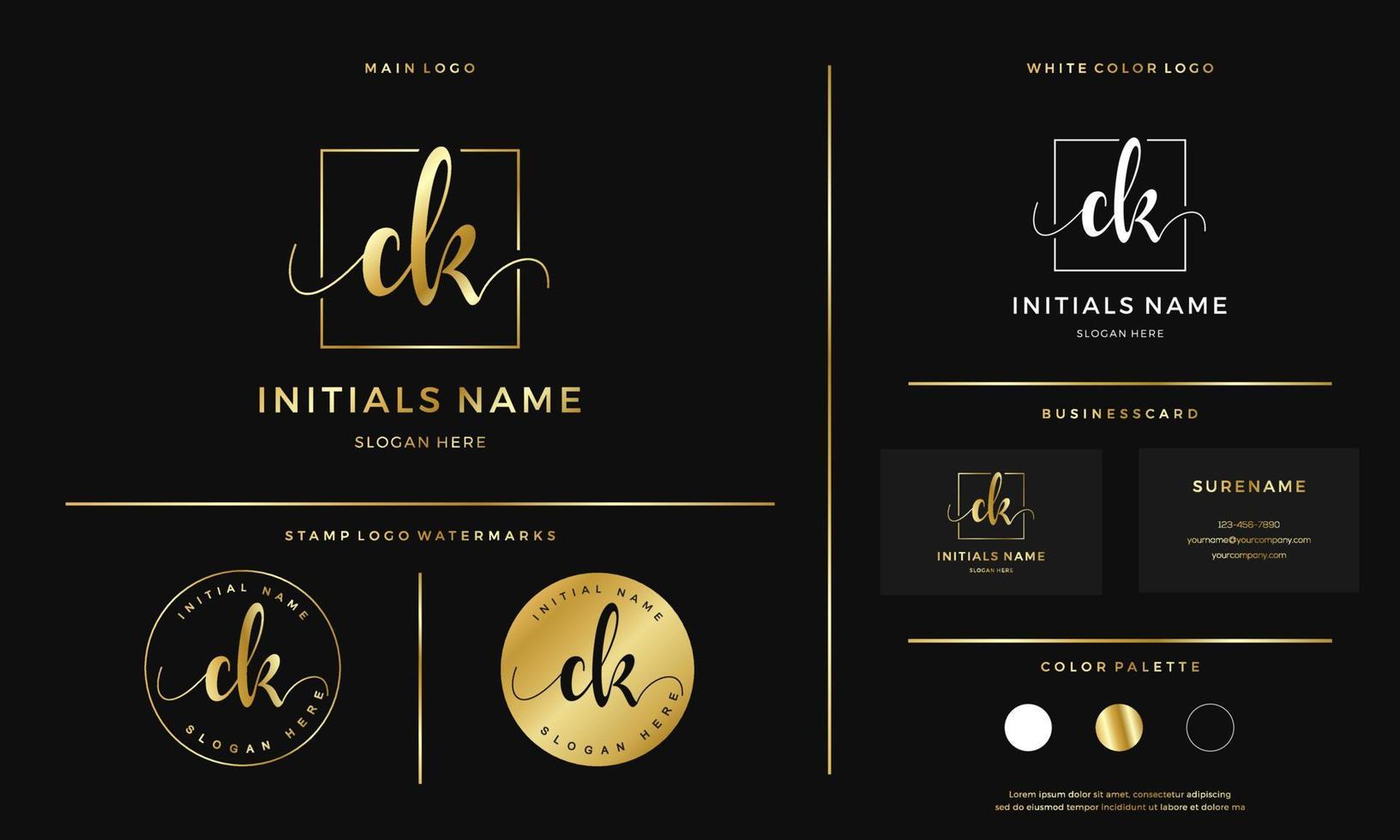 golden Initial CK letter C K handwriting logo design line square vector