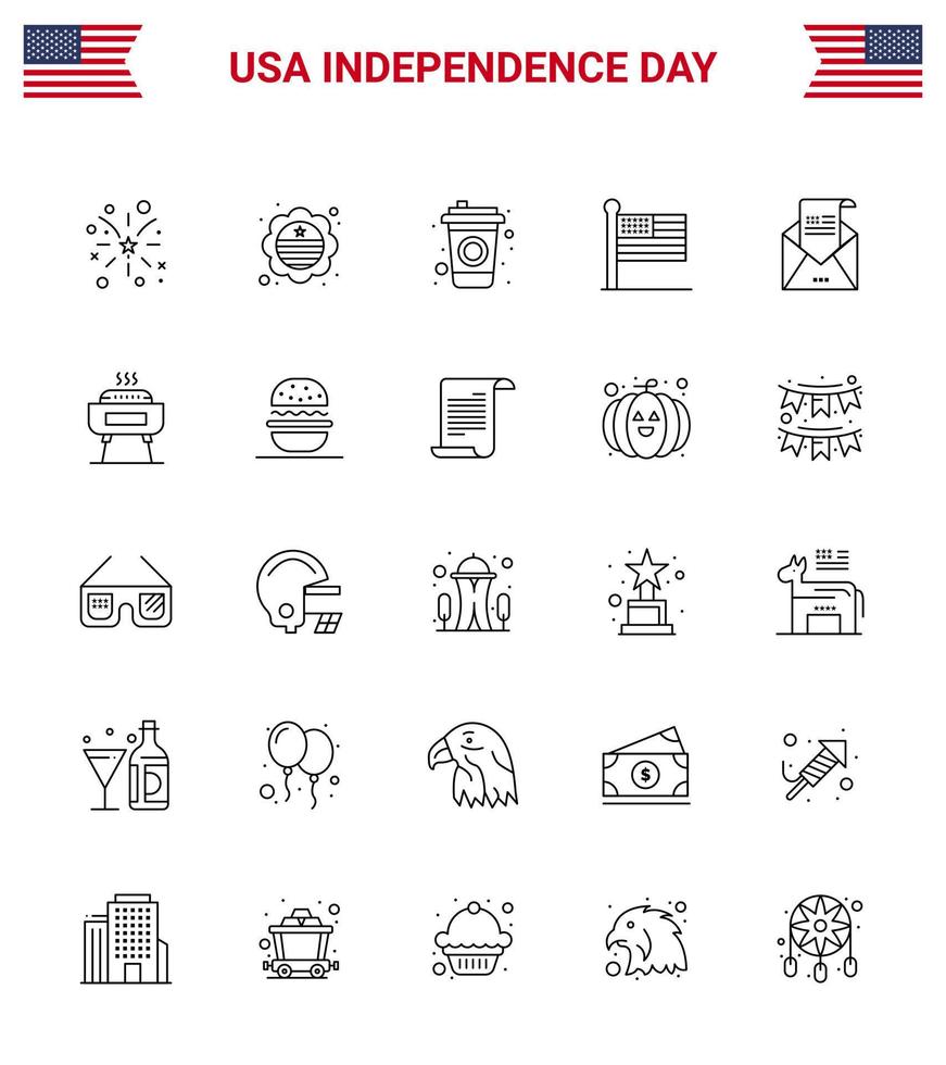 Stock Vector Icon Pack of American Day 25 Line Signs and Symbols for greeting email bottle usa states Editable USA Day Vector Design Elements