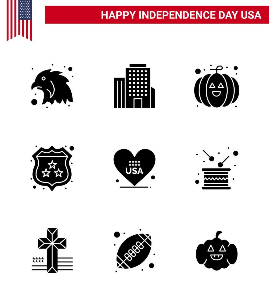 9 USA Solid Glyph Signs Independence Day Celebration Symbols of day american festival love police Editable USA Day Vector Design Elements